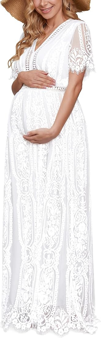 V Neck Lace Maternity Dress for Photoshoot Baby Shower Wedding Summer, Floral Lace Boho Pregnancy... | Amazon (US)