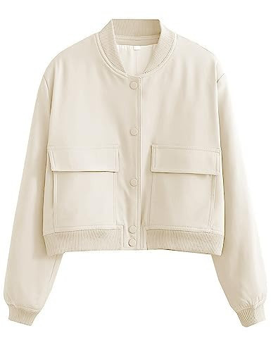 SCUSTY Women's Button Down Bomber Jacket Drop Shoulder Short Cropped Coat Outwear(Beige-S) | Amazon (US)