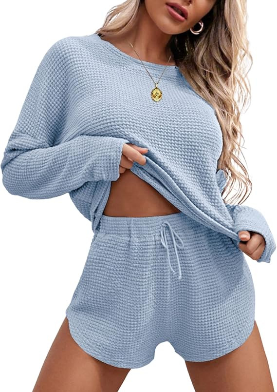 Ekouaer Womens Waffle Knit Pajama Sets Long Sleeve Top and Shorts Matching Lounge Set Loungewear ... | Amazon (US)