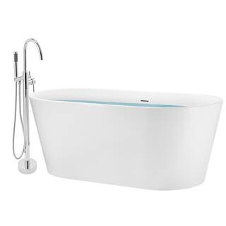 AKDY 59 in. Glossy White Fiberglass Tub for Bathtub with Tub Filler Combo - Modern Flat Bottom St... | The Home Depot