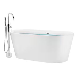 AKDY 59 in. Glossy White Fiberglass Tub for Bathtub with Tub Filler Combo - Modern Flat Bottom St... | The Home Depot