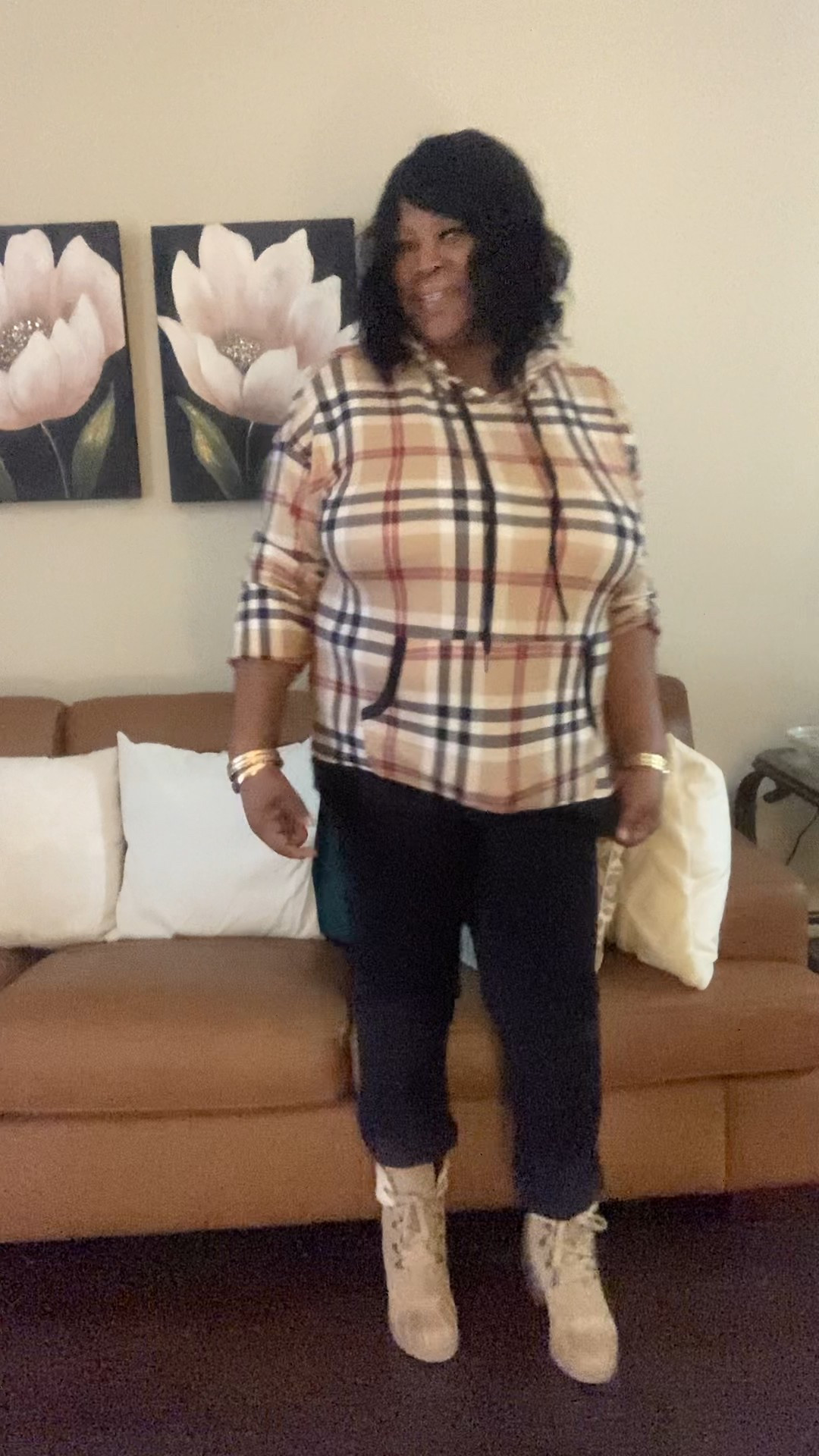 Plus size Tartan Checkered hoodie with black pants and beige boots

#LTKootd #LTKOver40 #LTKPlusSize