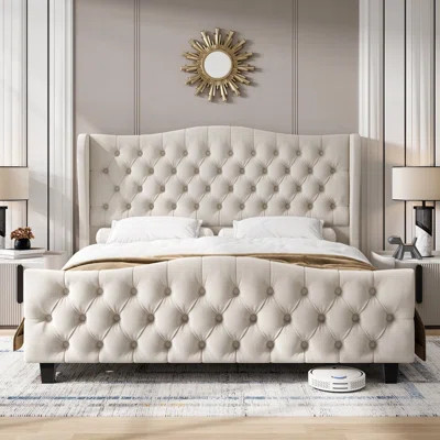 Vernita 54.3" Handmade Tufted Tall Bed Frame with Velvet Headboard, Tall Wing-Back Platform Bed | Wayfair North America