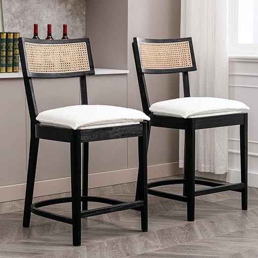 ZH4YOU Boucle Counter Height Bar Stools, 26'' Modern Rattan Counter Stools with Cane Back, Mid Ce... | Amazon (US)