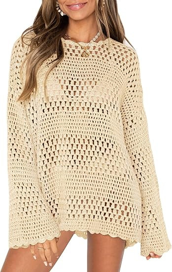 Beach Crochet Cover Ups for Women Hollow Out Swimsuits Cover Up Long Sleeve Mesh Knit Bathing Sui... | Amazon (US)