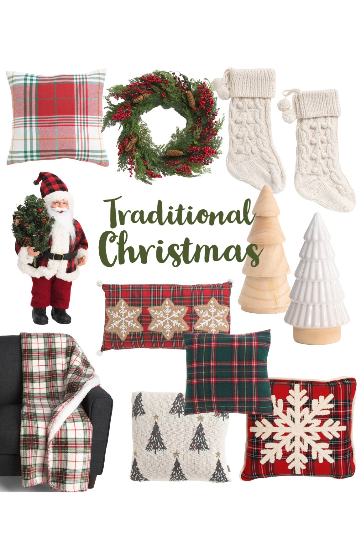 Traditional Christmas decor from tjmaxx. Plaid pillows. Santa. Christmas wreath. Red and green Christmas. Christmas pillows. 

#LTKSeasonal #LTKhome #LTKHoliday
