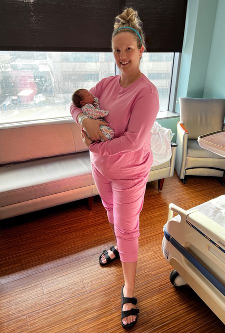 Softest lightweight fleece pink going home outfit from the hospital after delivering a precious baby girl. She’s in her baby girl newborn outfit in a colorful floral newborn gown. My slide sandals are the same ones I wore to bring home my first daughter two years ago. They’re very comfortable and I have them in 5 colors!

#LTKbaby #LTKbump #LTKmidsize