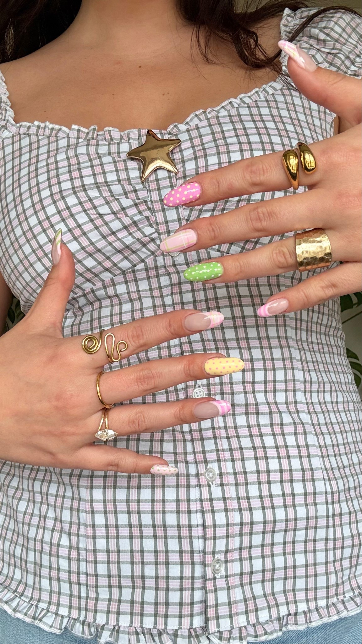 size L top, gold star is brooch from free people a couple years ago 