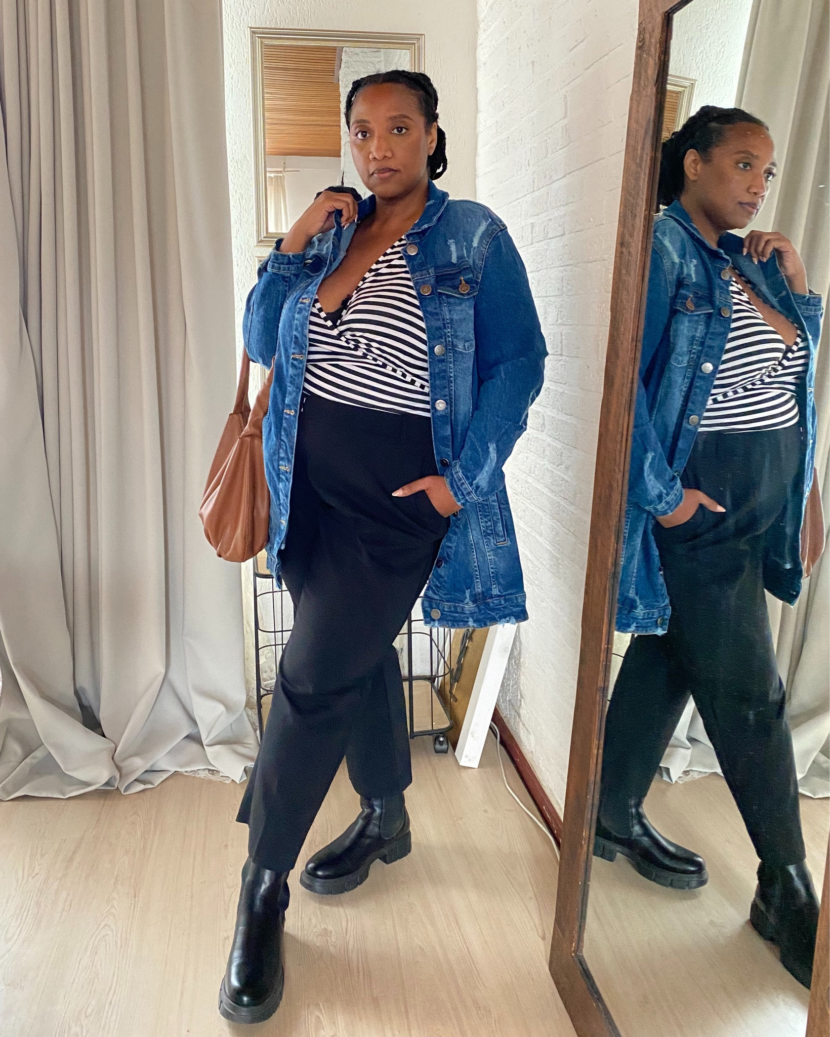 Plus-size autumn casual style, black pants, black boots, striped sweater or shirt, oversized denim jacket, modern bag, 

#LTKstyletip #LTKcurves #LTKfamily