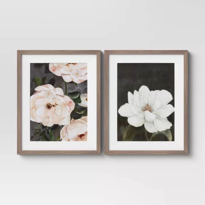 (Set of 2) 16" x 20" Floral Framed Wall Art Matted Charcoal - Threshold™ | Target