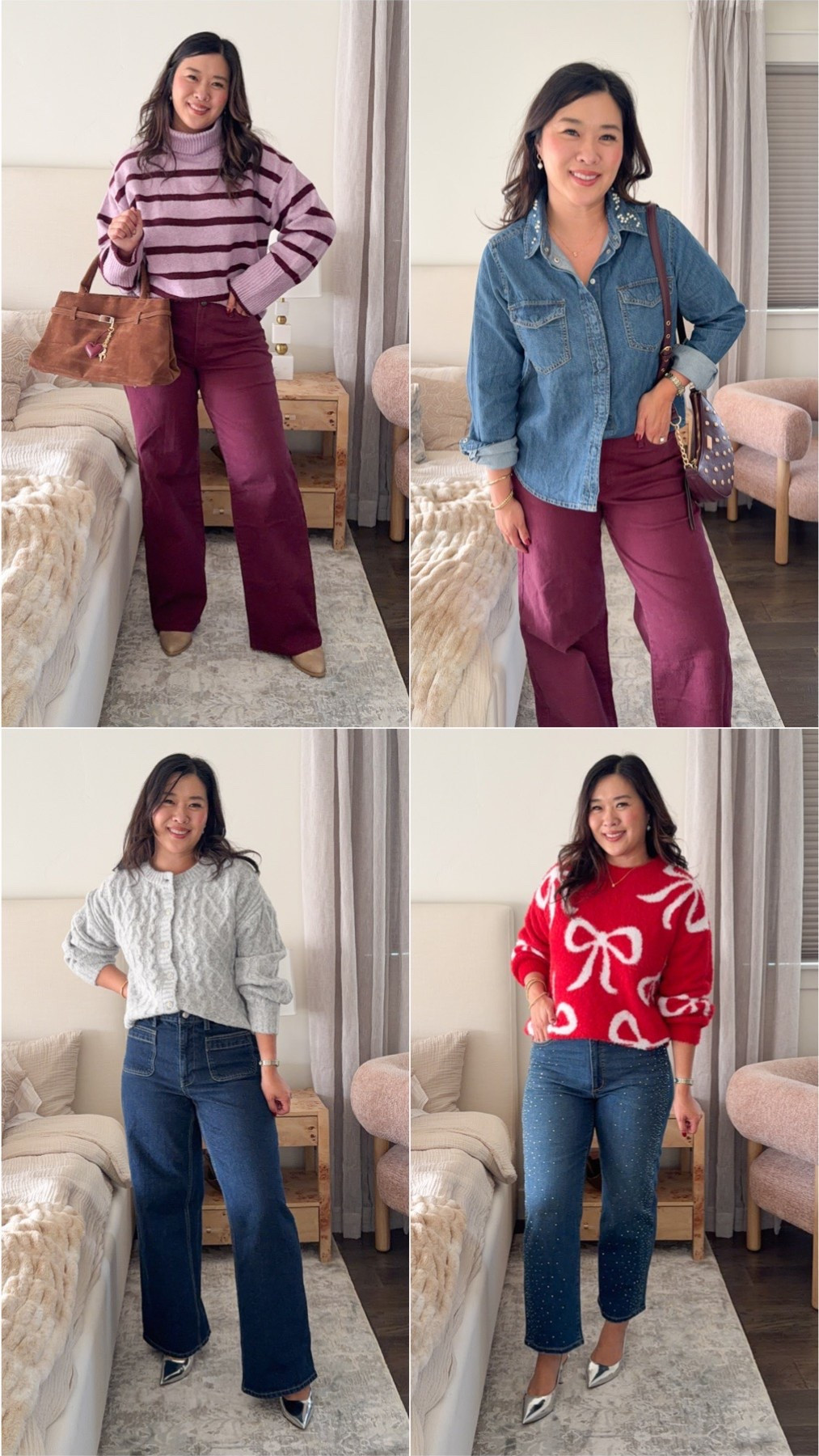Walmart Fall Haul / Cute & Festive Tops
Purple Striped Sweater: Medium
Dark Cherry Pants: Medium 
Grey Embellished Cardigan: Medium
Patch Pocket Jeans: 8S
Embellished Denim Shirt: Medium 
Bow Sweater: Medium
Embellished Crop Denim: 8 