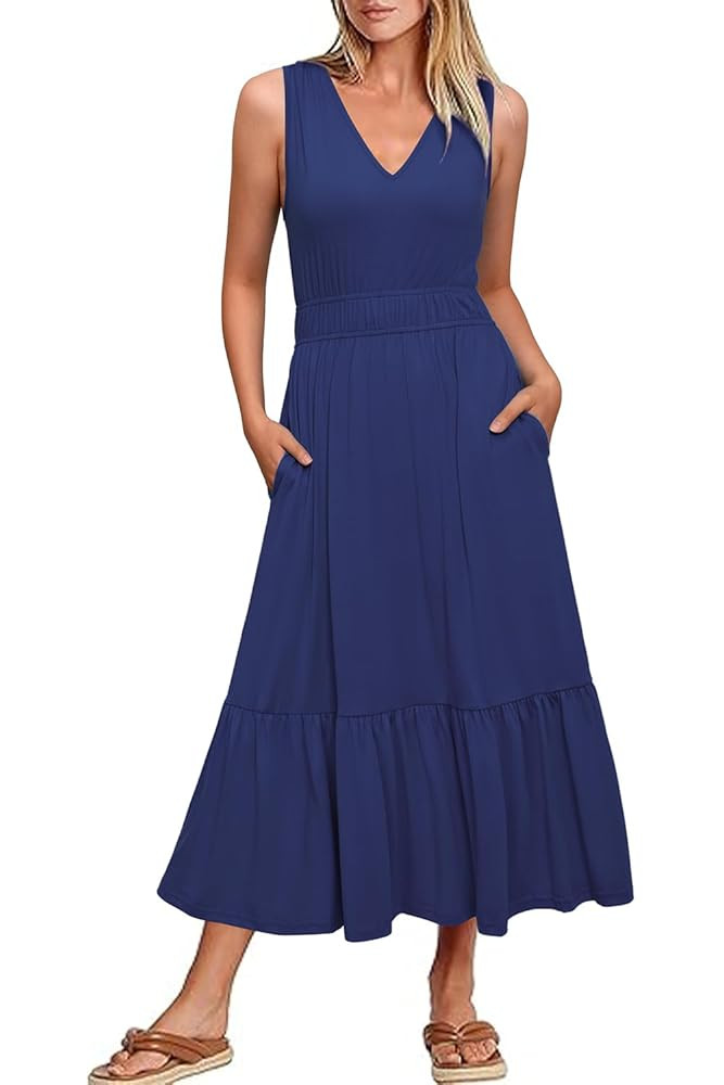 Newshows Women's 2025 Summer Dress Vacation V Neck Sleeveless Midi Dress Tiered Tank Swing Sundre... | Amazon (US)