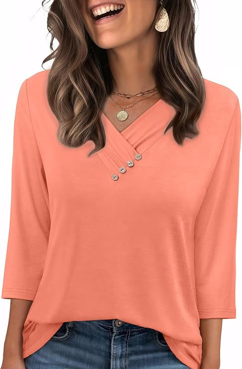 Sampeel Women's V Neck 3/4 Length Sleeve Button Down Shirt | Amazon (US)