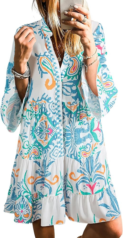 SELINK Womens Long Sleeve Dresses Casual V Neck Tribal Print Button Flowy Boho Mini Beach Dress | Amazon (US)
