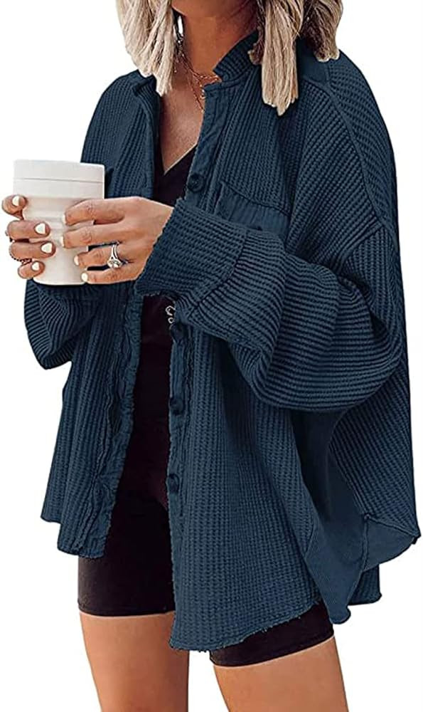 loveimgs Oversized Waffle Knit Shirt Women Fall Shacket Corduroy Long Sleeve Shirts Button Down Shirts Jacket | Amazon (US)