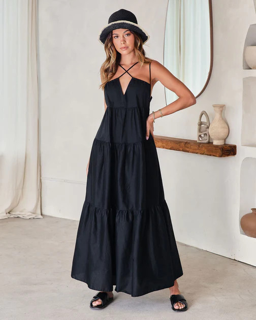 Saylor Cotton Pocketed Tiered Maxi Dress - Black - SALE | VICI