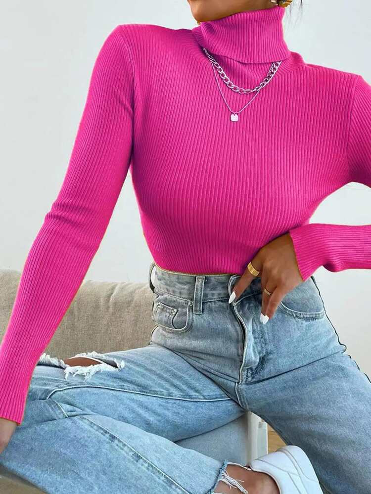 Turtleneck Ribbed Knit Sweater Without Necklace | SHEIN