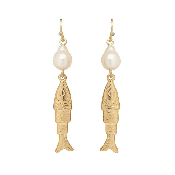 Time and Tru Women's Gold Tone Fish and Pearl Drop Earrings, Fashion Jewelry | Walmart (US)