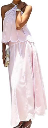 THLAI Women Sleeveless 2 Piece Outfits Halter Neck Scallop Edge Top & Maxi Skirt Set Sweet Going ... | Amazon (US)