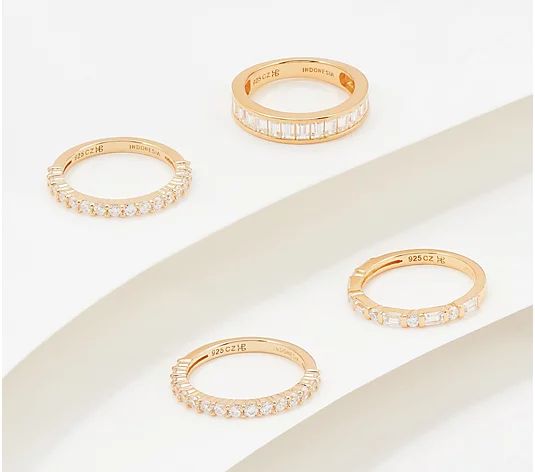 Diamonique Set of 4 Round & Emerald Cut Stack Rings Sterling Silver | QVC