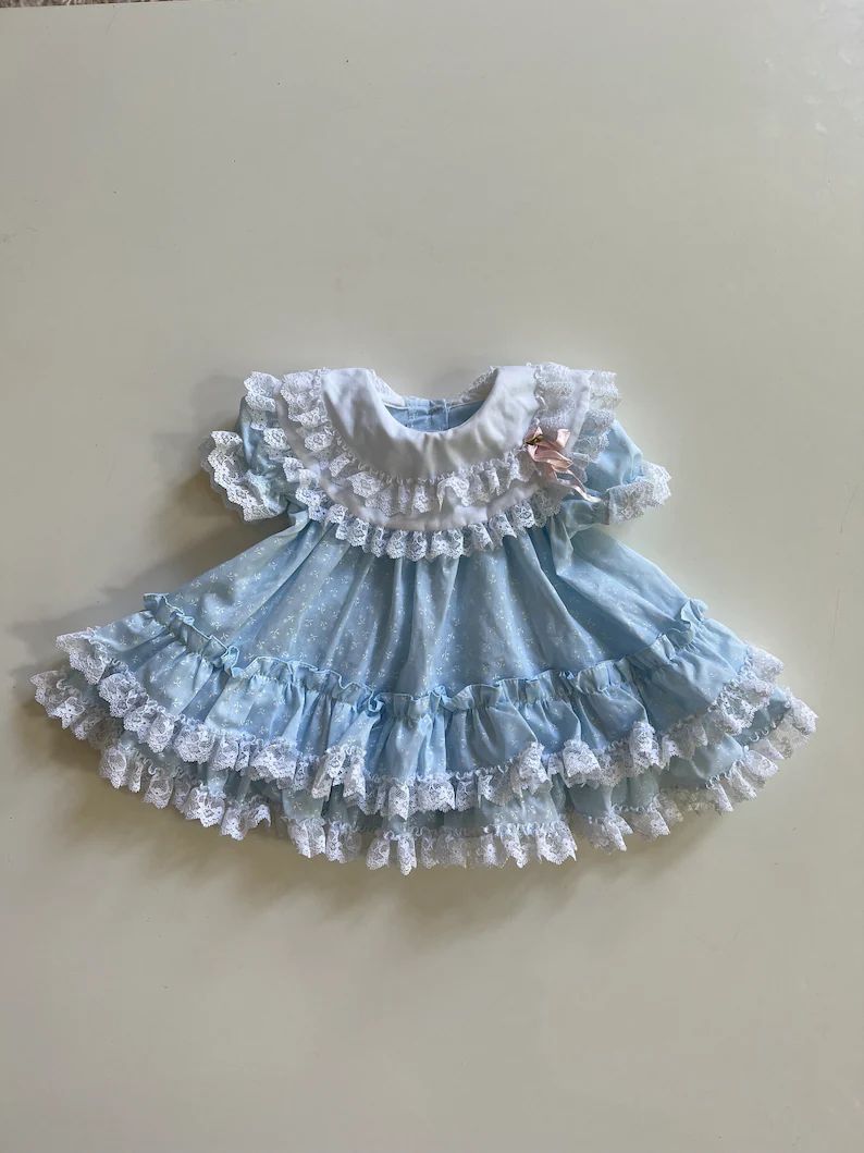 Vintage Baby Blue Dress Lace Collar Ruffle Tiers Pageant Baby Dress Posed Photos Baby Six Month P... | Etsy (US)