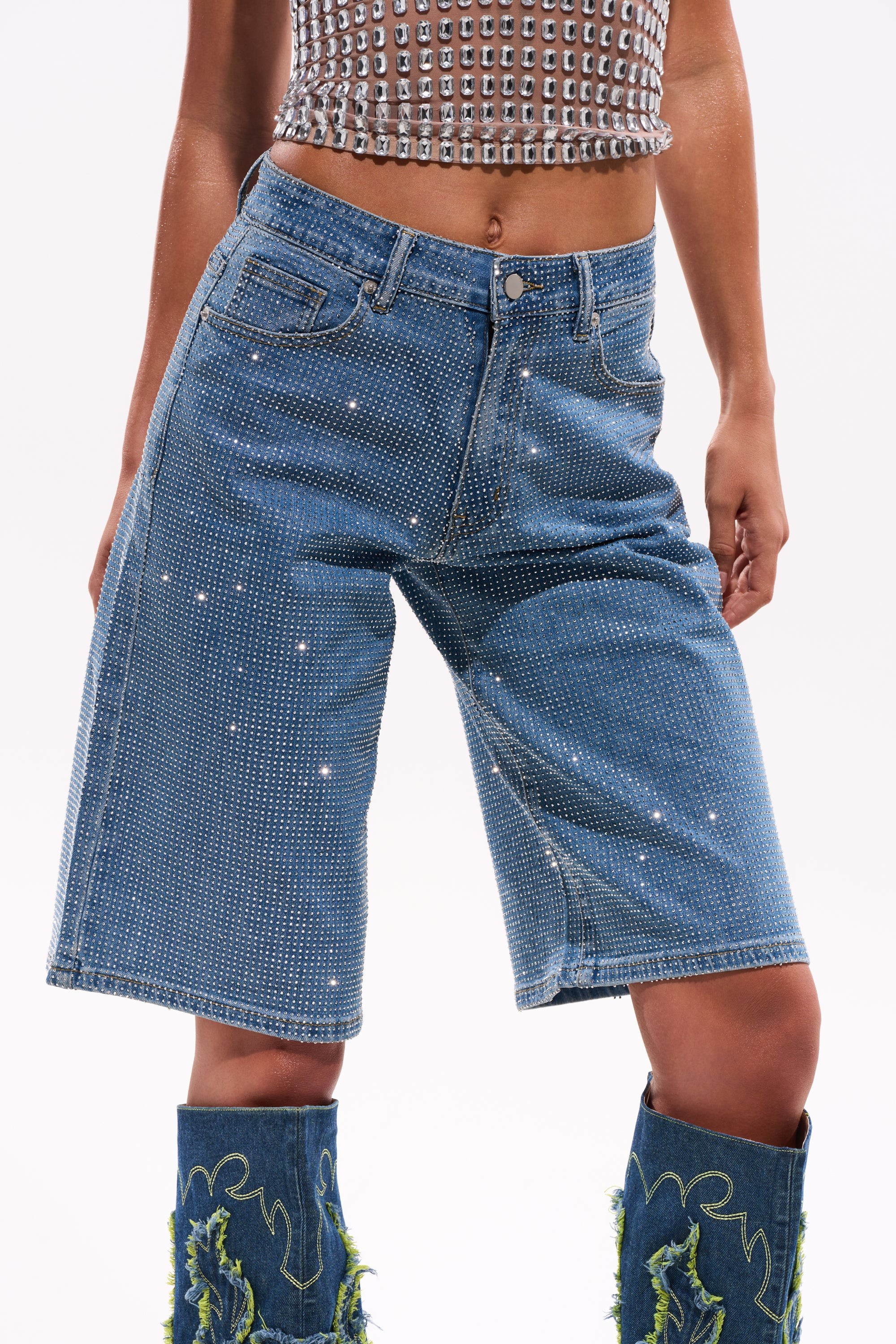BLING BLING RHINESTONE DARK BLUE DENIM BERMUDA SHORT | AKIRA