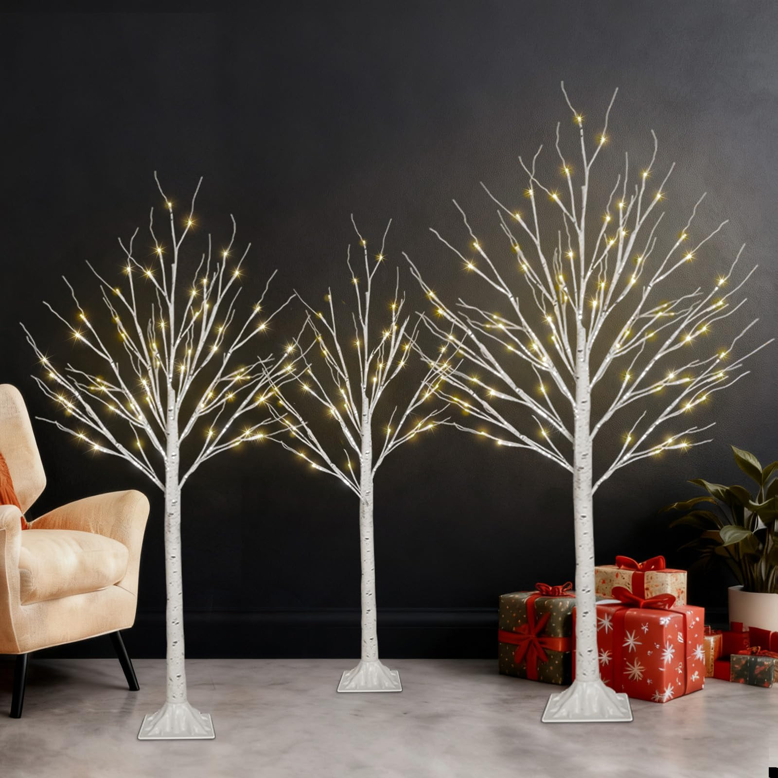Set of 3 Lighted Birch Tree 4FT 5FT and 6FT, Higher Size, Timer Function Birch Christmas Tree wit... | Amazon (US)
