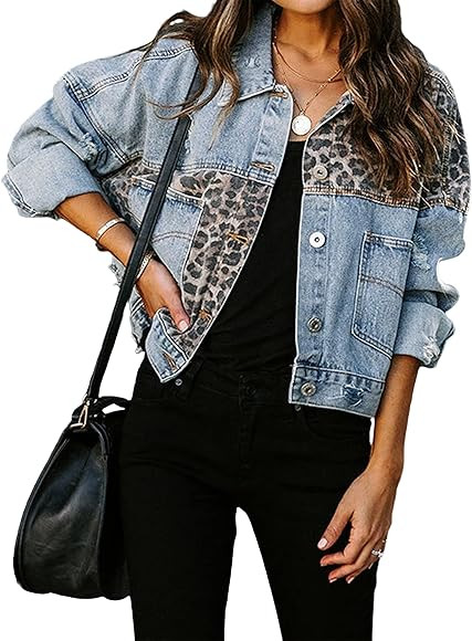 Lentta Women's Leopard Contrast Denim Jacket Long Sleeve Distressed Ripped Jean Coat | Amazon (US)