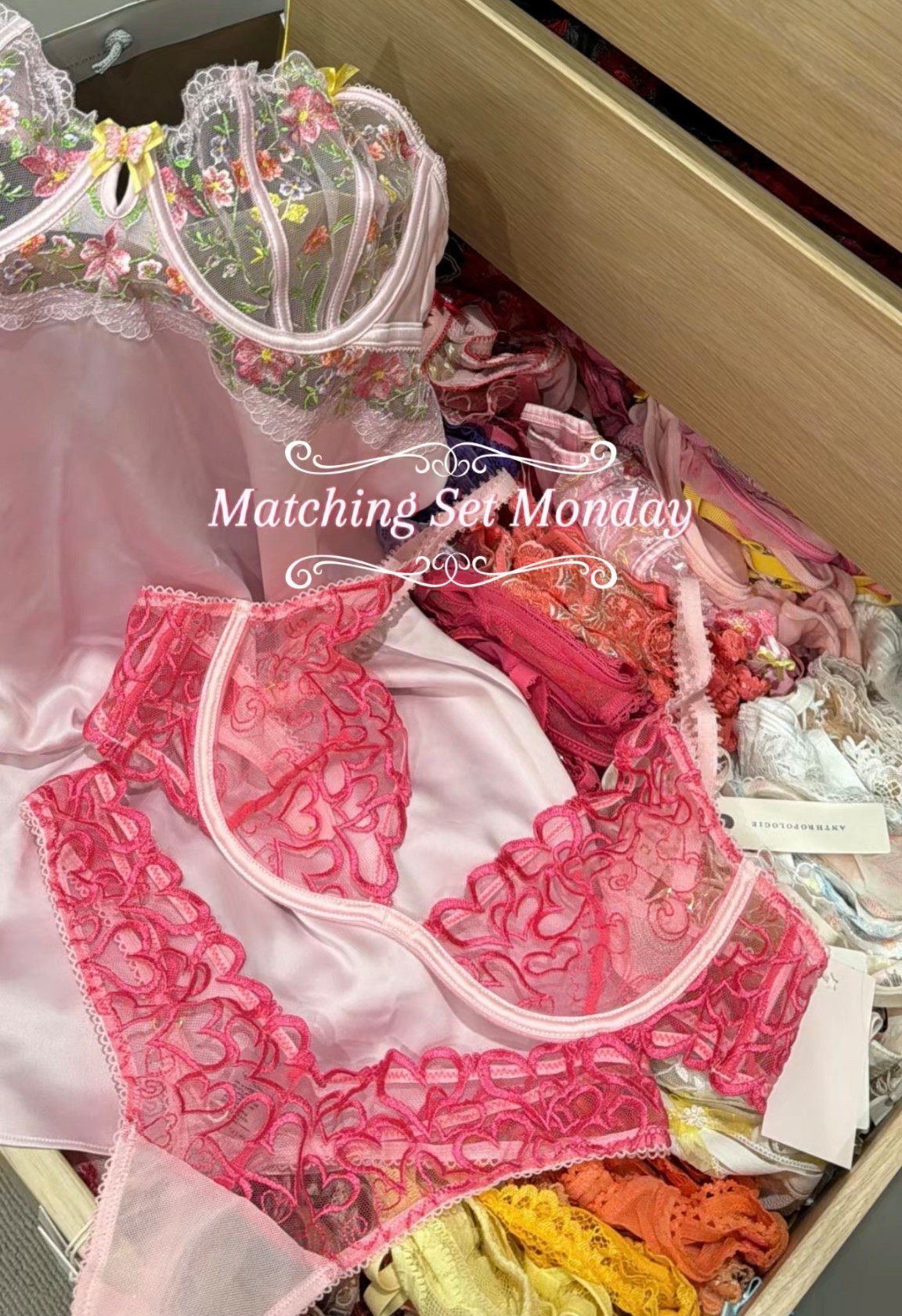How have I lived this long and not know how cute Anthropologie lingerie is WHATTTT 🌸🎀🩰💕

Love the shape of the thong but the lace looks different colour etc. online then IRL as I guess it’s sheer and they have blurred the models 🍪 also normally I don’t like a plunge style bra but I LOVE how this one looks on, deffo was pleasantly surprised by this set 👙

Included the link for the nighty behind it because it’s also girly and cute and on SALEEE!! 🙂‍↕️🙂‍↕️🙂‍↕️