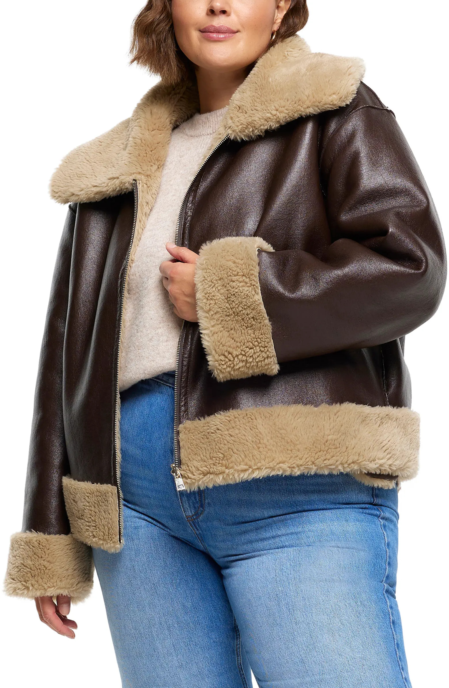 River Island Faux Leather & Faux Shearling Reversible Aviator Jacket | Nordstrom | Nordstrom