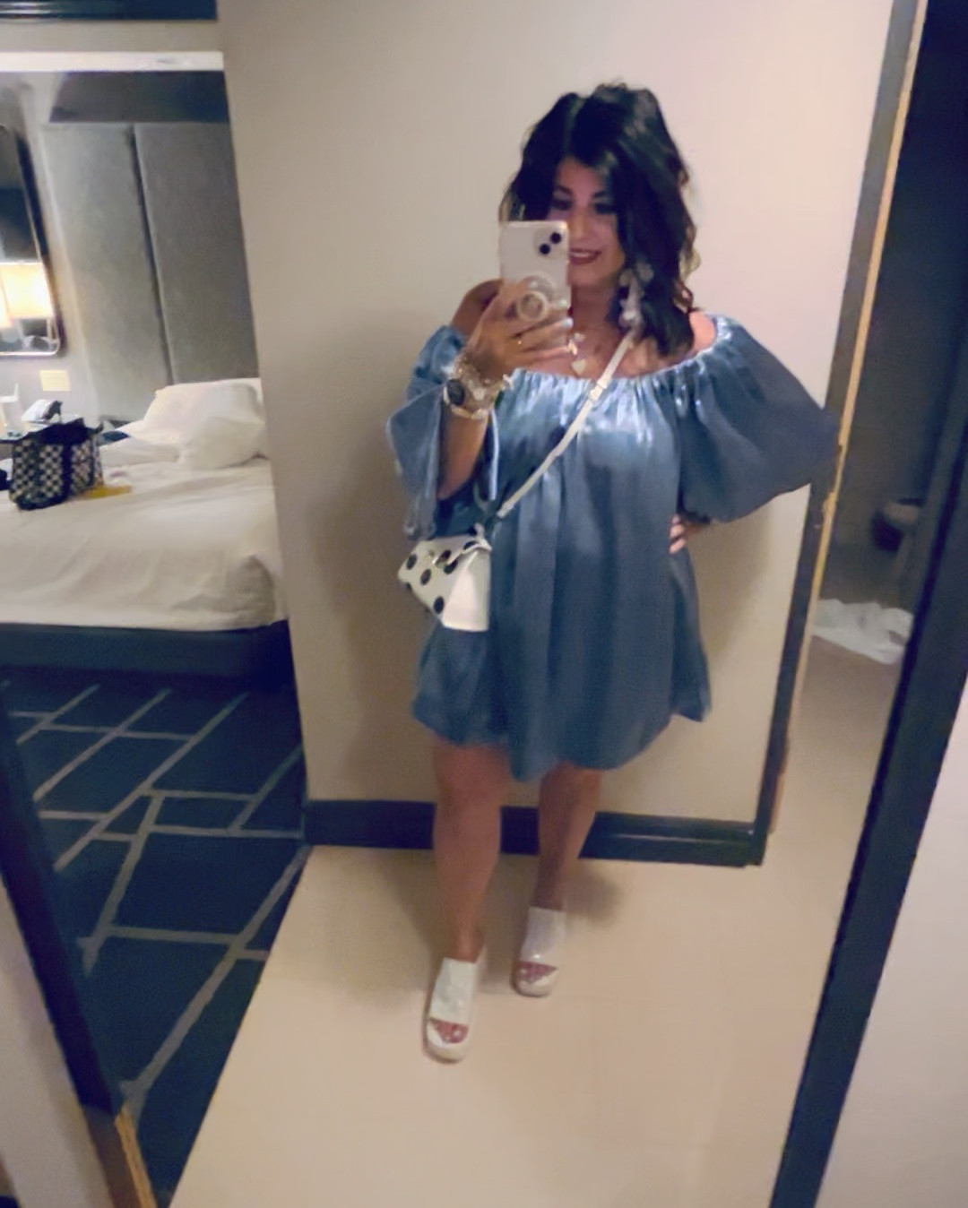 Gorgeous off the shoulder shine puff sleeve dress! So fun to wear in Vegas! So comfortable too! Sized down one size to a Large. 

#LTKParties #LTKSaleAlert #LTKMidsize