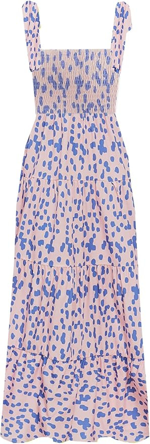 kinstell Women's Summer Boho Spaghetti Strap Square Neck Ruffle Casual Flowy Long Dress Beach Swi... | Amazon (US)