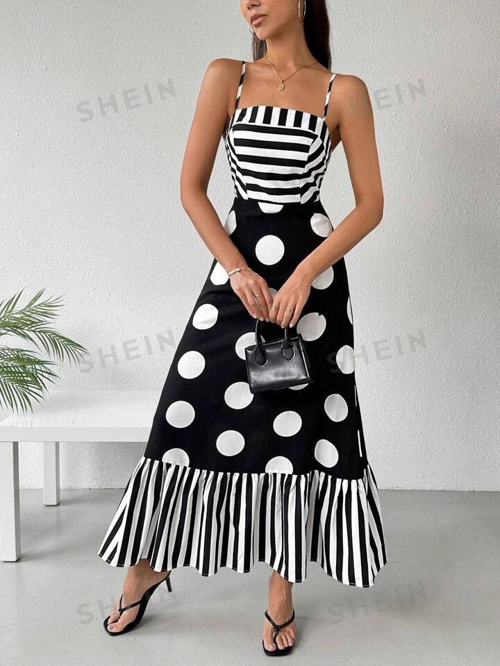 SHEIN Essnce Classic Striped Polka Dot Spliced French Style Women Cami Dress For Spring/Summer | SHEIN