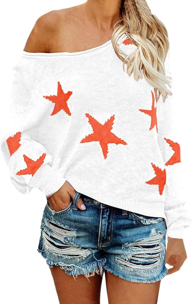 Selowin Women Casual Boat V Neck Long Sleeve Star Knit Top Pullover Thin Sweater | Amazon (US)