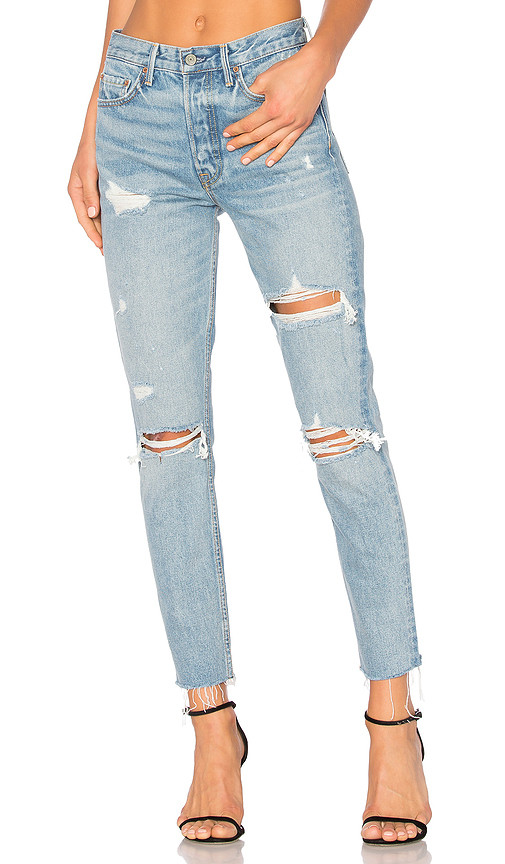 GRLFRND Karolina High-Rise Skinny Jean in Blue. - size 23 (also in 24,25,26,27,28,29,30,31,32) | Revolve Clothing