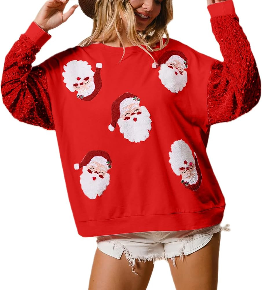 UAURORAO Christmas Sequins Sweatshirts Women Glitter Patch Crewneck Pullover Tops Sparkly Printed... | Amazon (US)