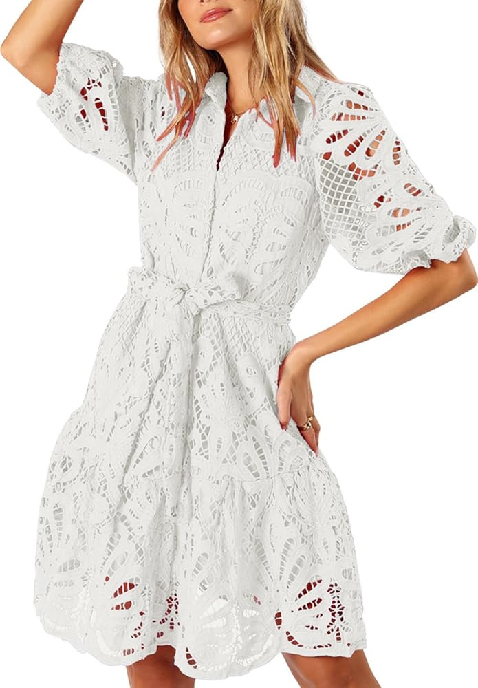 Women's Summer Hollow Out Lace Mini Dress Lantern Sleeve Lapel Button Ruffle Casual Beach Party D... | Amazon (US)