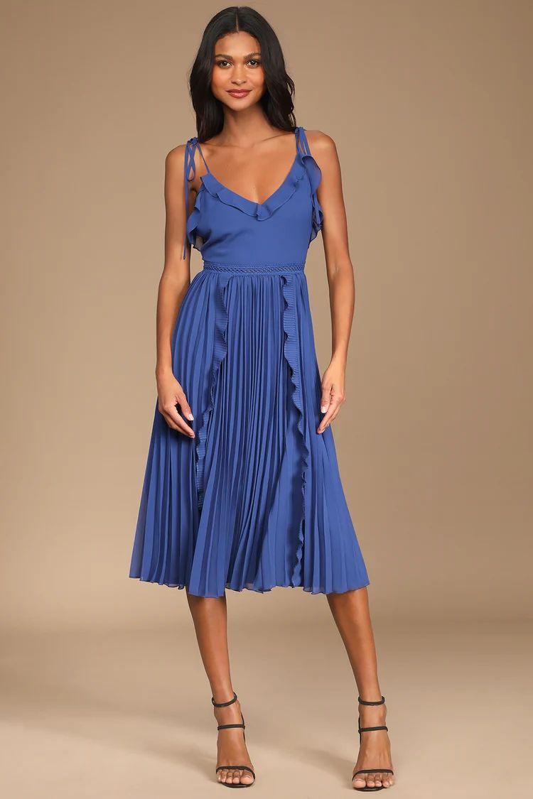 Never a Dull Moment Royal Blue Tie-Strap Pleated Midi Dress | Lulus
