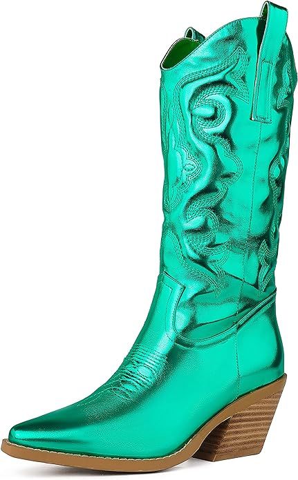 SO SIMPOK Cowboy Boots for Women Embroidered Stitching Chunky Stacked Heel Cowgirl Boots Snip Toe... | Amazon (US)