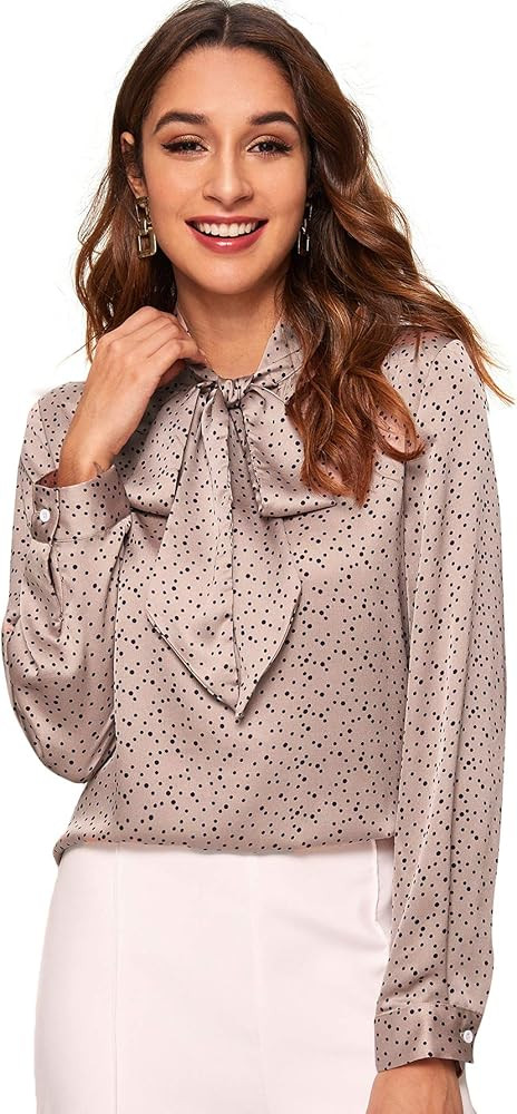 Floerns Women's Printed Bow Tied Neck Lantern Long Sleeve Workwear Shirts Blouse | Amazon (US)