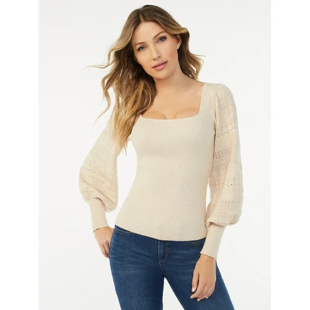 Sofia Jeans by Sofia Vergara Women's Pointelle Stitch Square Neck Sweater - Walmart.com | Walmart (US)