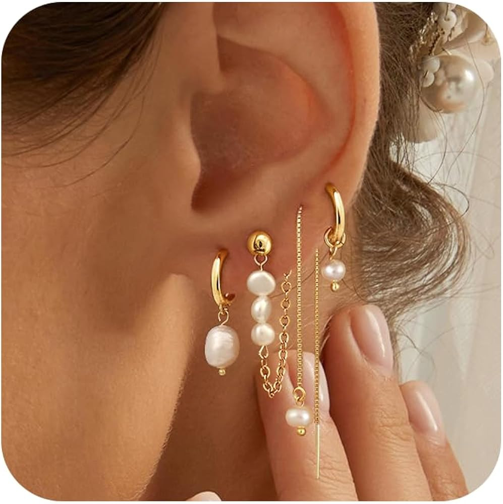 Pearl Earring Stacks for Women – Dainty 14K Gold Plated Hypoallergenic Hoop & Dangle Earrings S... | Amazon (US)