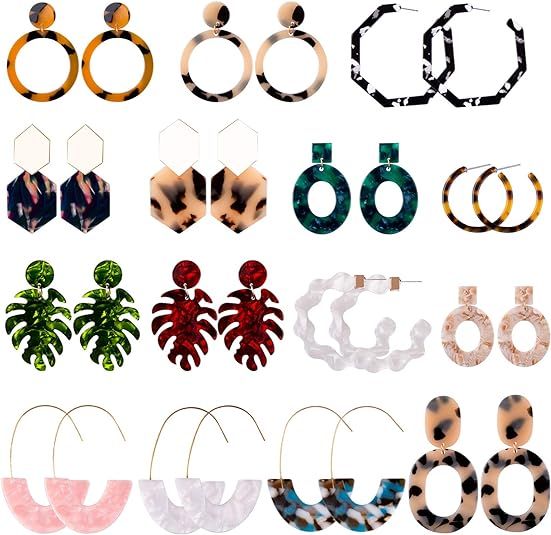 Duufin 15 Pairs Acrylic Earrings Resin Drop Dangle Statement Earrings Polygonal Bohemian Earrings... | Amazon (US)
