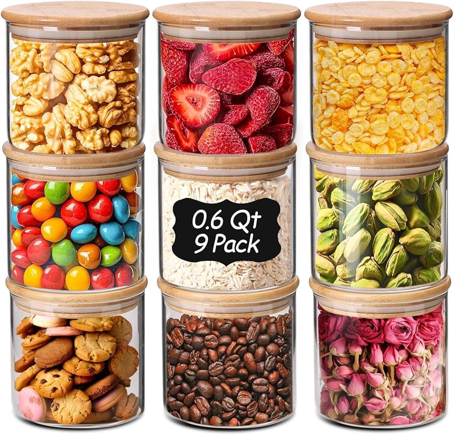 ComSaf Glass Storage Containers with Lids 0.6 Qt, 9 Pack Small Glass Jars | Amazon (US)