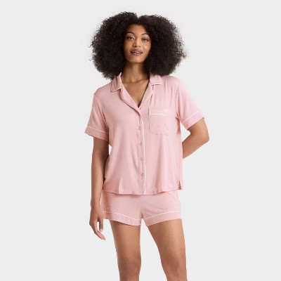 Women's Cloud Knit Short Sleeve Notch Collar Shirt and Shorts Pajama Gift Set - Auden™ Mama/Pink M | Target