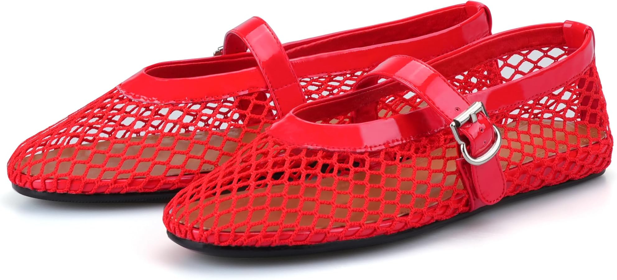 Adrizzlein Mesh Ballet Flats for Women Fishnet Ballerina Flats Buckle Strap Mesh Ballet Shoes Wid... | Amazon (US)