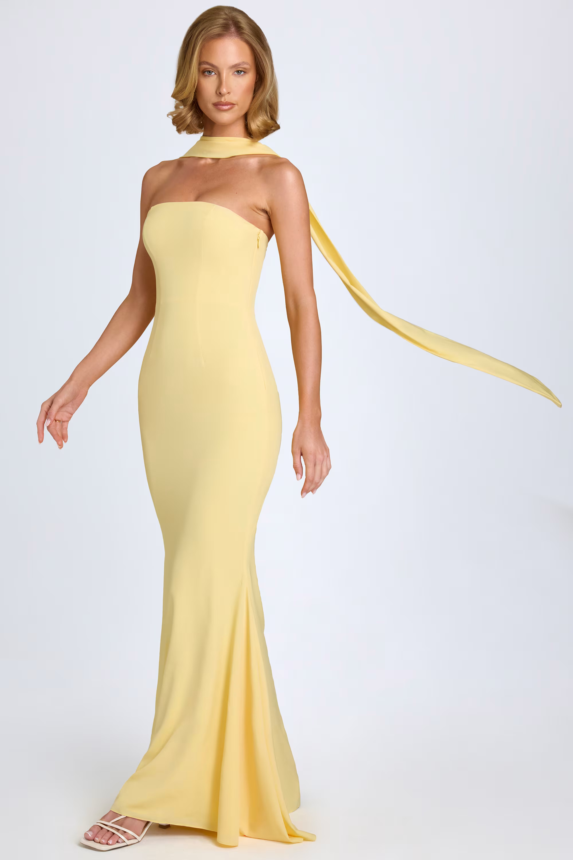 Scarf-Detail Strapless Gown in Pastel Yellow | Oh Polly