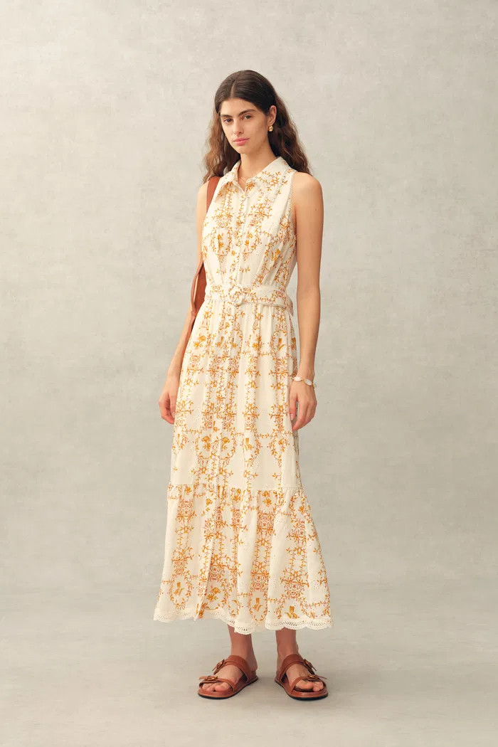 Wendy Floral Embroidery Belted Sleeveless Dress in Linen Blend | Fabrique