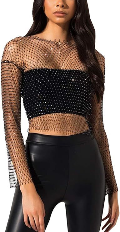 Women's Mesh Tank Tops Fishnet See Through Halter Hollow Out Rhinestone Cover up Crop Top Shirts ... | Amazon (US)