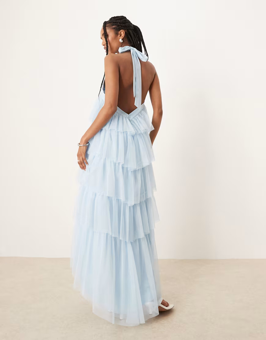 Lace & Beads backless tiered tulle maxi dress in soft blue | ASOS (Global)